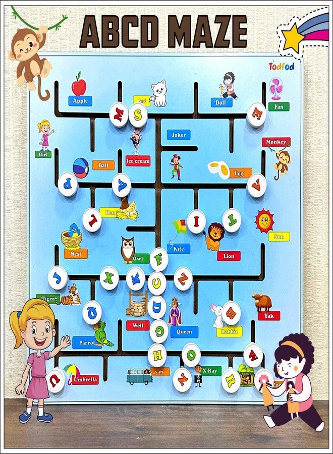 TodFod ABCD Wooden Sliding Maze Learning Toy for Kids Age 3-8, 26-Piece Educational Brain Game, Alphabet Number Animal Puzzle for Toddlers Children - Image 1